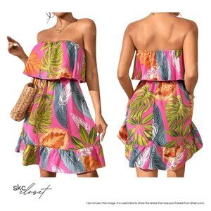SHEIN Tropical Print Hot Pink Ruffle Hem Tube Dress - Hot Pink, Small